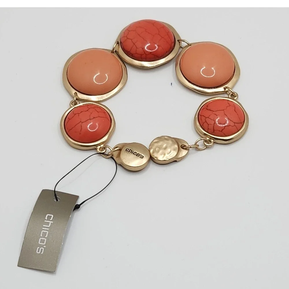 Chunky Statement Coral Peach Magnetic Bracelet Chicos‎ Gold Tone New $45 Boho